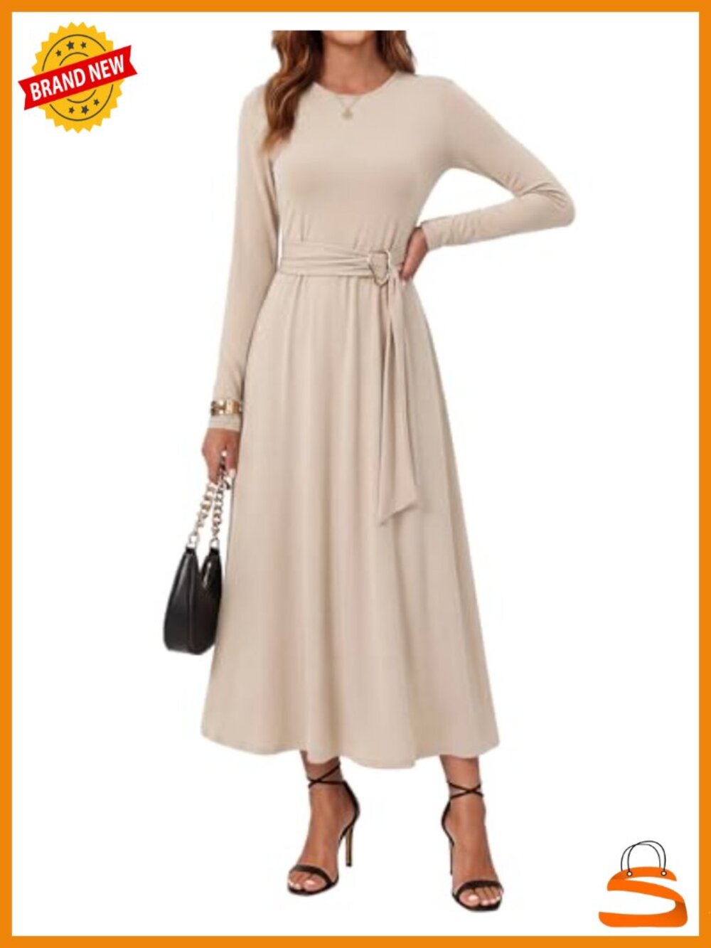 Womens Long Sleeve A-Line Midi Dress Belted Stretchy Knit Office